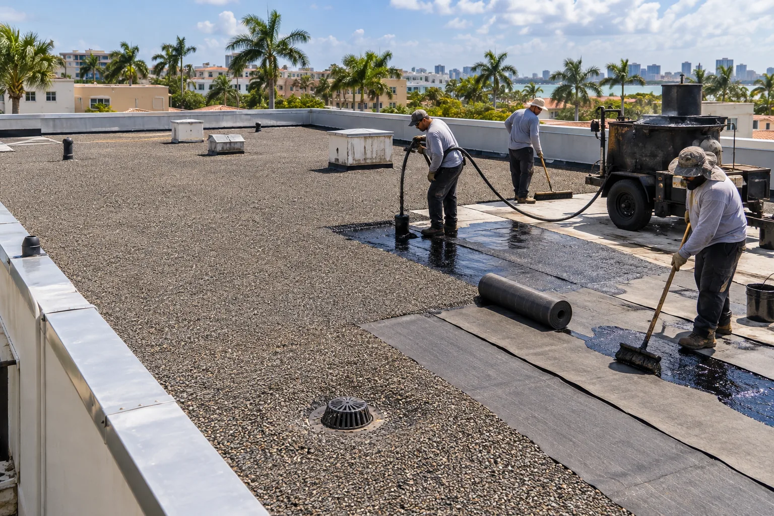 Built-up low-slope roof with layers and gravel surface in South Florida