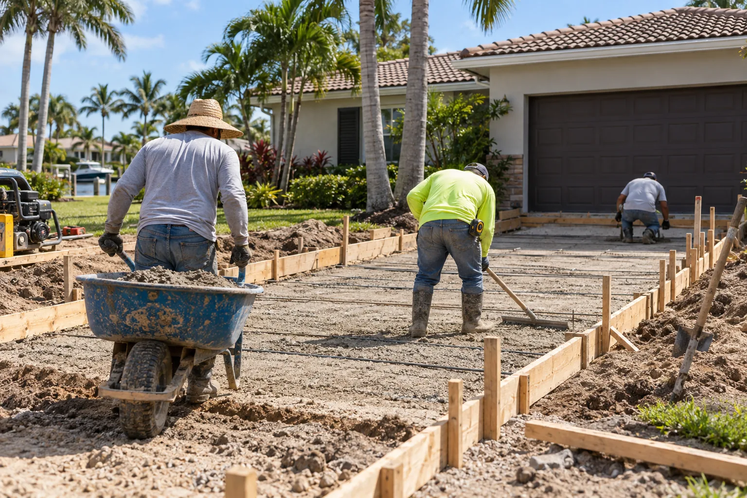 Construction crew working on a South Florida driveway