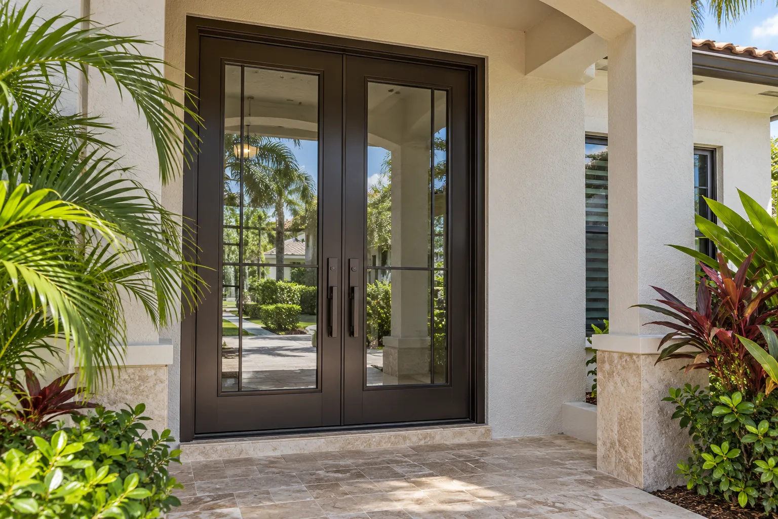 Dark framed double entry doors on a South Florida home