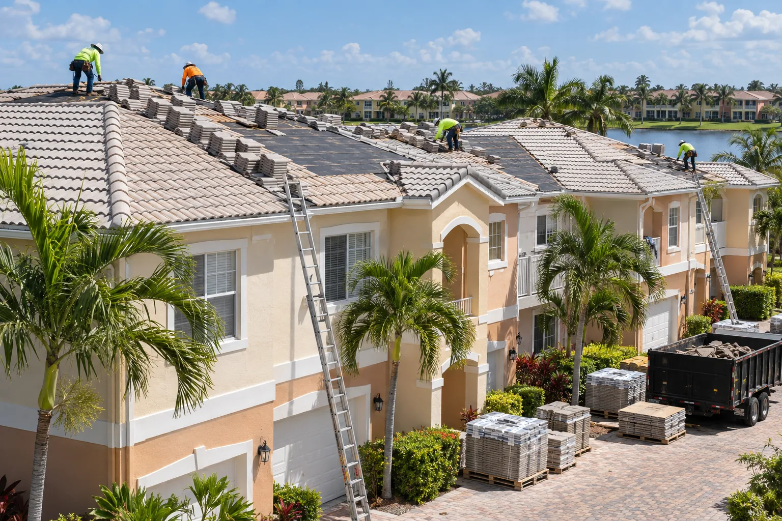 Roof replacement in progress across South Florida townhomes