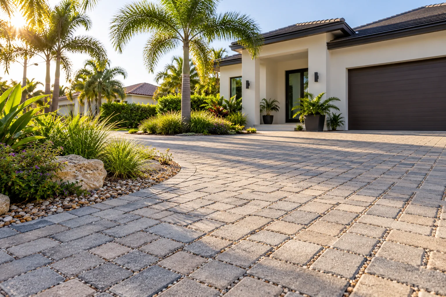 Open-joint paver driveway concept at a South Florida home