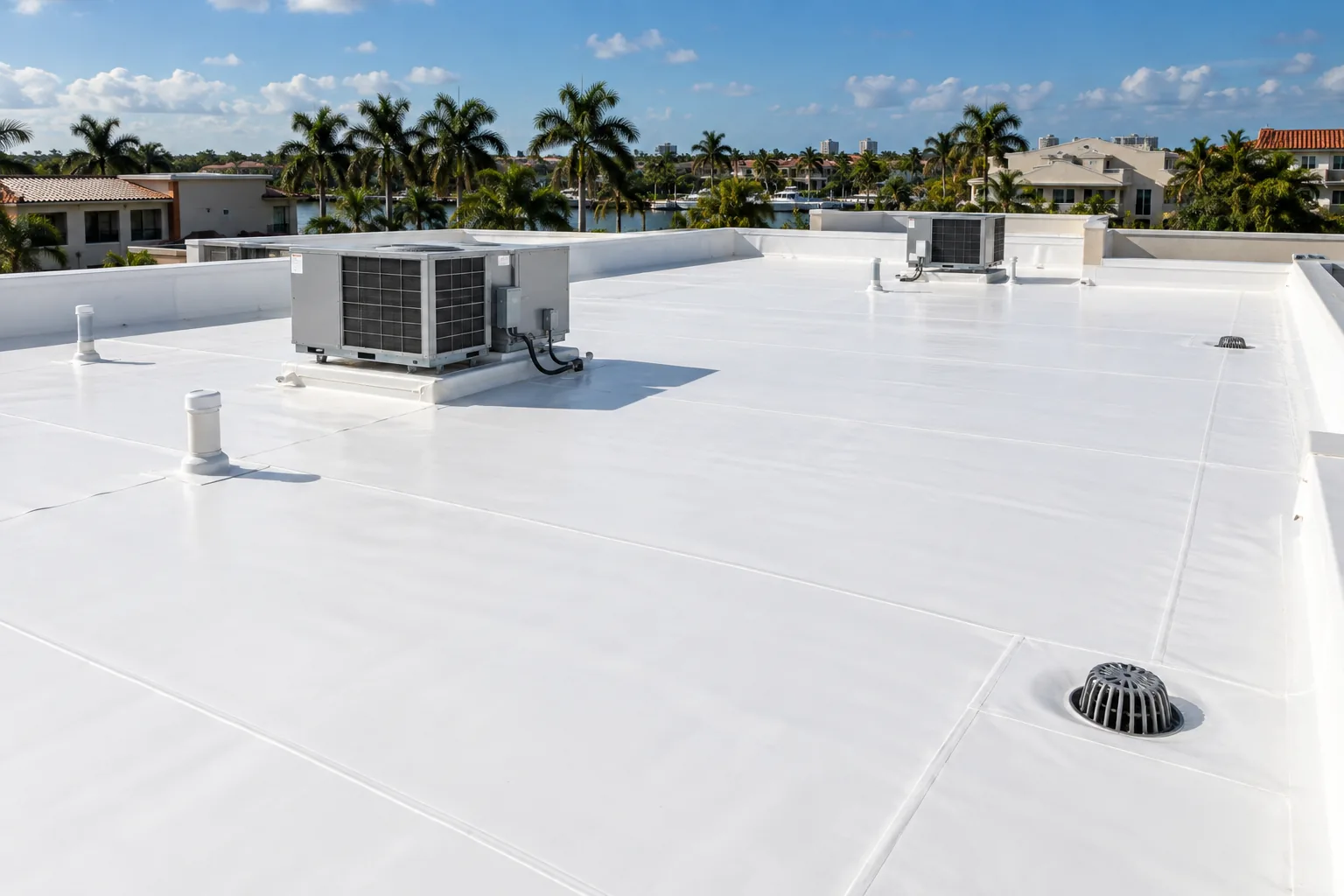 White TPO membrane on a low-slope South Florida roof